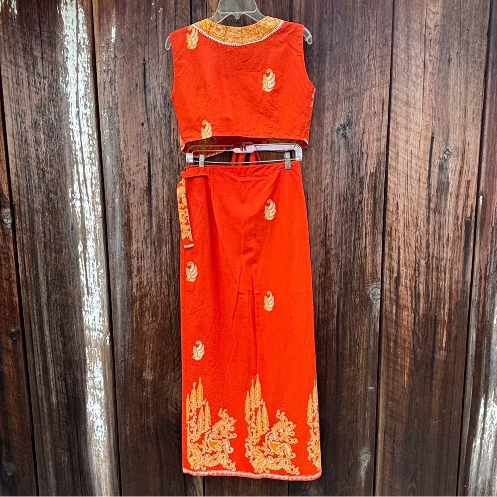 Bali Handmade Orange Gold Batik Top & Wraparound skirt. Vintage 1990’s size S - Picture 2 of 16